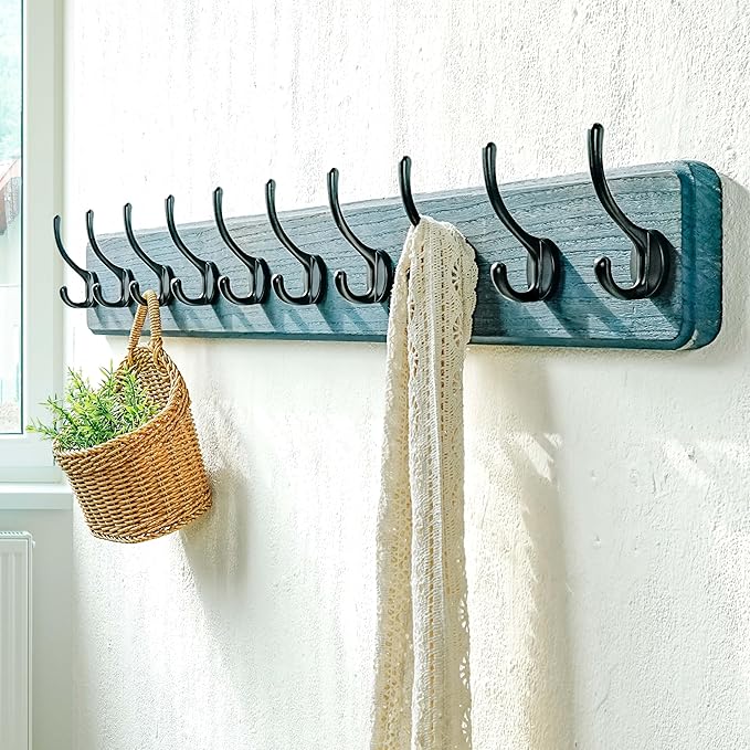Dseap Coat Rack Wall: 38-1/4" Long, Patented, Heavy-Duty, 10-Double-Hooks Wooden Wall Mounted Coat Rack Coat Hanger Hook Rail for Winter Coats Hat Jacket Clothing, Weathered Blue, Pack of 2
