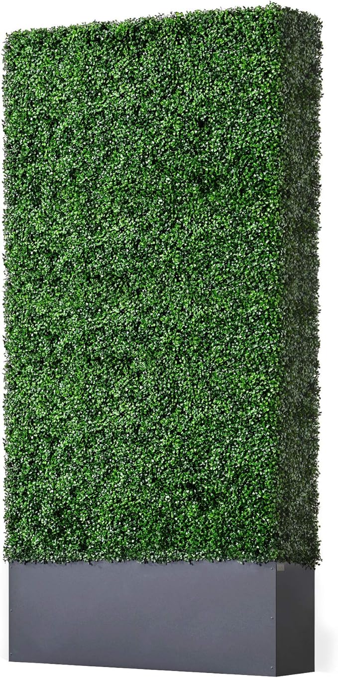AGPL Upgraded Artificial Boxwood Hedge Wall with Dark Gray Stainless Steel Planter (96" Height 48" Width 12" Deep) Outdoor and Indoor Backdrop Divider Privacy Screen and Decorative Wall