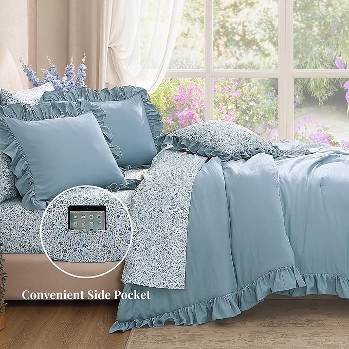 Full Comforter Set - 7 Pieces Ruffle Blue Bedding Sets, Shabby Chic Farmhouse Bed in a Bag Full with Ruffle Comforter, Floral Sheets, Pillowcases & Shams