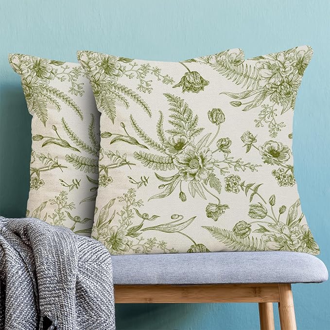 CXMEIFLY Sage Green Spring Pillow Covers 22 x 22 Inch Set of 2 for Chinoiserie Flowers Decor Throw Pillows Floral Leaves Seasonal Plant Outdoor Decorative Cushion Cases for Couch Bed Decorations