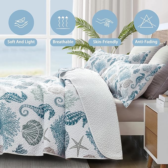 Coastal Bedding King Size Coastal Quilt with 2 Shams, Nautical Beach Comforter Sets Ocean Bedspreads Blue Seahorse Coverlet Summer Bedding, 96''x106''