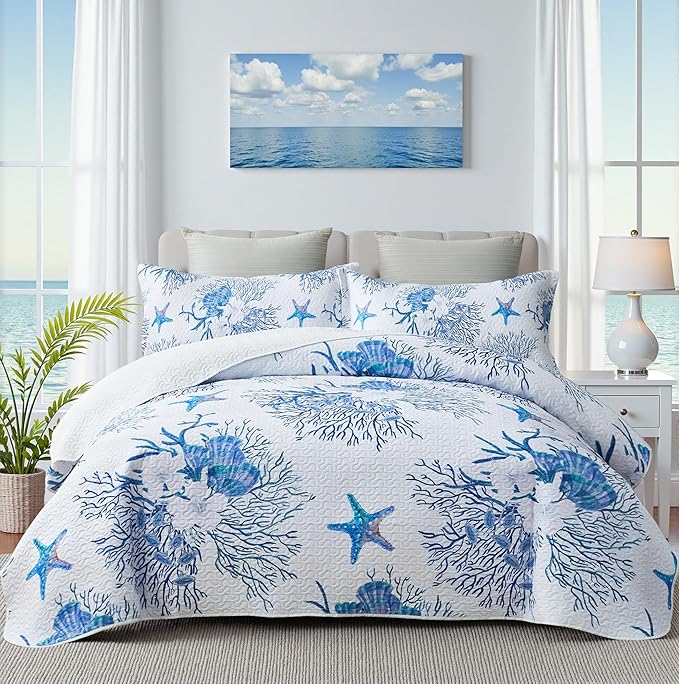 Coastal Bedding King Size Coastal Quilt with Sham, Nautical Beach Comforter Sets Ocean Bedspreads Blue Starfish Coverlet Summer Bedding, 68''x86''