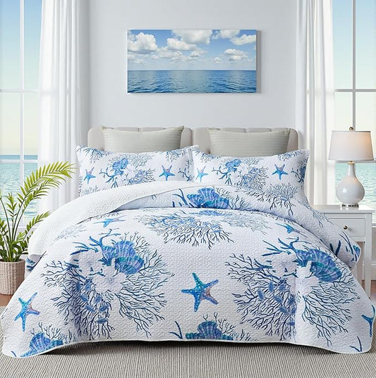 Coastal Bedding King Size Coastal Quilt with Sham, Nautical Beach Comforter Sets Ocean Bedspreads Blue Starfish Coverlet Summer Bedding, 68''x86''