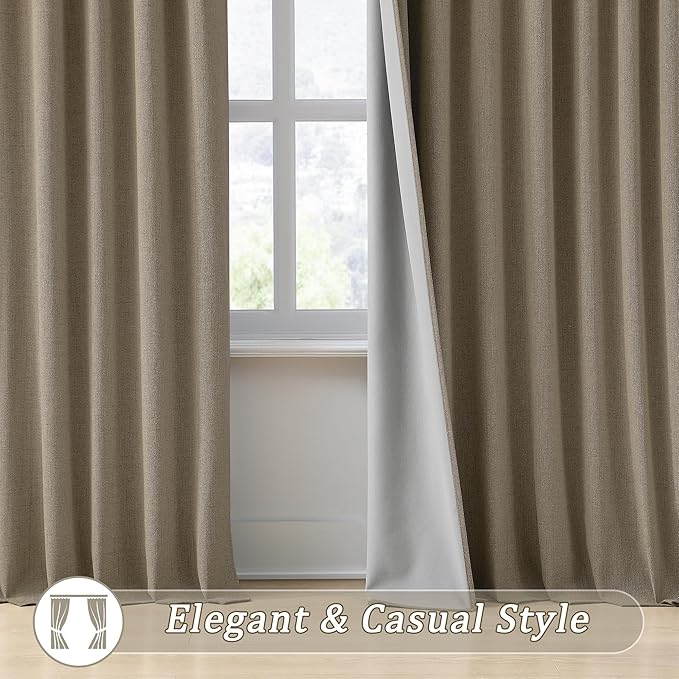 RAIN CITY Linen Brown Curtains 102 Inch Long 2 Panels Burg, Full Blackout Back Tab Pleated Look Drapes with Hooks, Thermal Insulated Boho Rustic Curtains for Living Room (50x102 in Lenght,Linen)