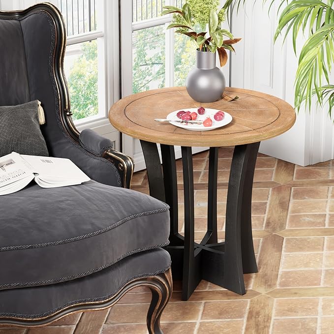 Farmhouse Round End Table X 2P with Criss-Cross Wood Legs, Rustic French Country Side Table for Dinning or Living Room, Modern, Black, Natural Wood