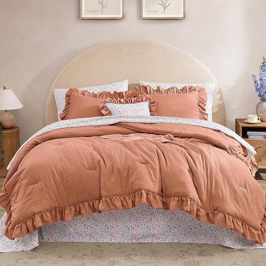 Full Comforter Set - 7 Pieces Ruffle Autumn Leaf Bedding Sets, Shabby Chic Farmhouse Bed in a Bag Full with Ruffle Comforter, Floral Sheets, Pillowcases & Shams