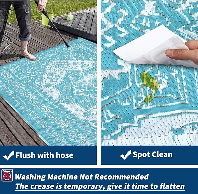 GAOMON Outdoor Rug Waterproof 9x12 Patio Rugs Reversible Plastic Straw Rug, Large UV-Resistant Portable RV Camping Mats, Indoor Outdoor Medallion Carpet for Deck Porch Garden, Light Blue & White
