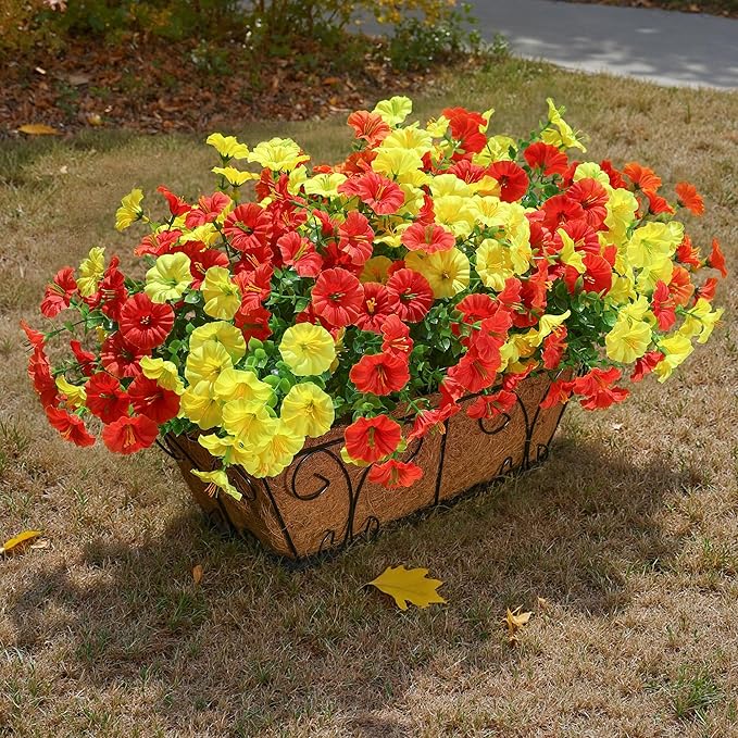 Artificial Mums for Outdoors Fake Fall Flowers Plants for Autumn Decoration, 12 Bundles Silk Morning Glory with Eucalyptus Look Real UV Resistant Faux Mums for Outside Planters Yard Patio Porch, Mix