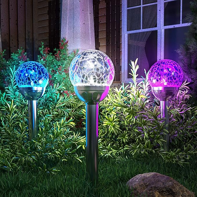 GIGALUMI Solar Outdoor, Cracked Glass Ball Solar Garden Lights, Color Changing Lights Outdoor,Garden LED for Path, Patio, Yard, 6 Pack Pathway