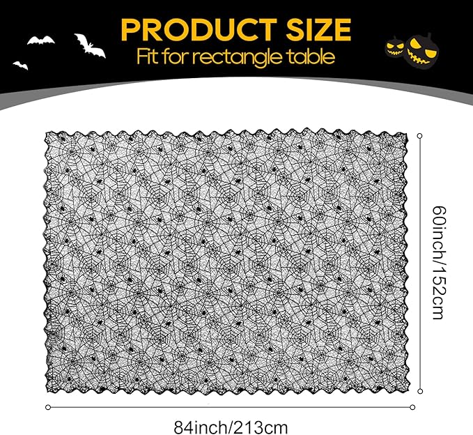 eZAKKA Halloween Table Cloth, Spider Webs Tablecloths Black Tablecloth Lace Fabric Table Cloths Spooky Cover for Rectangle Tables for Parties Gothic Halloween Home Decorations, 60x84 Inch