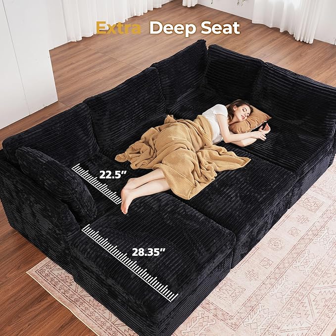 HOOOWOOO Modular Sectional Sofa,8 Pieces Sectional Couches for Living Room,164X66 L Shaped Cloud Couch with Ottoman Chaise Set(Black Velvet Corduroy)