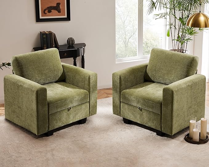 38.5 Oversized Accent Chair with Storage Green Corduroy, Single Modern Accent Sofa Chair with Arms for Apartment Living Room (21" Deep Seat)