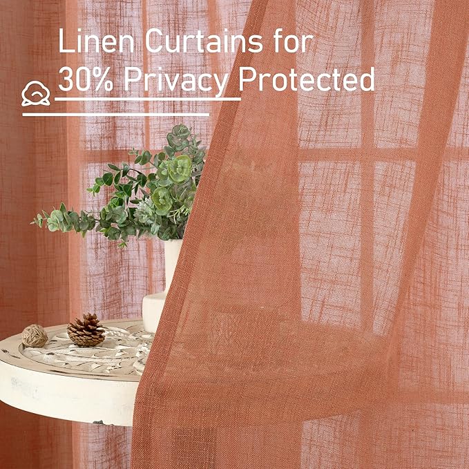 LAMIT Terracotta Linen Curtains 84 Inch Length 2 Panels for Living Room, Light Filtering Boho Window Treatments Semi Sheer Neutral Thick Drapes with Bronze Grommet for Bedroom/Farmhouse, 52 X 84 Inch