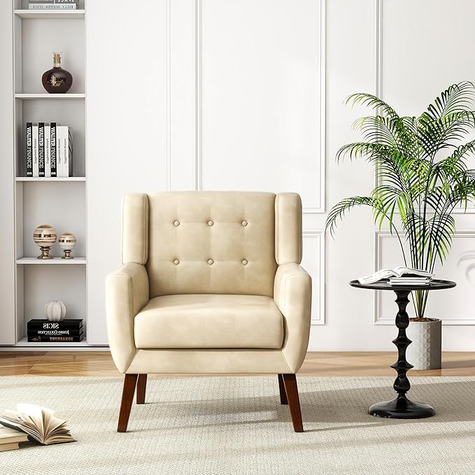 UIXE Faux Leather Accent Chair, Modern Arm Club Chair Upholstered Armchair for Living Room, Comfy Single Sofa Seats Button Tufted Reading Seating, Cream