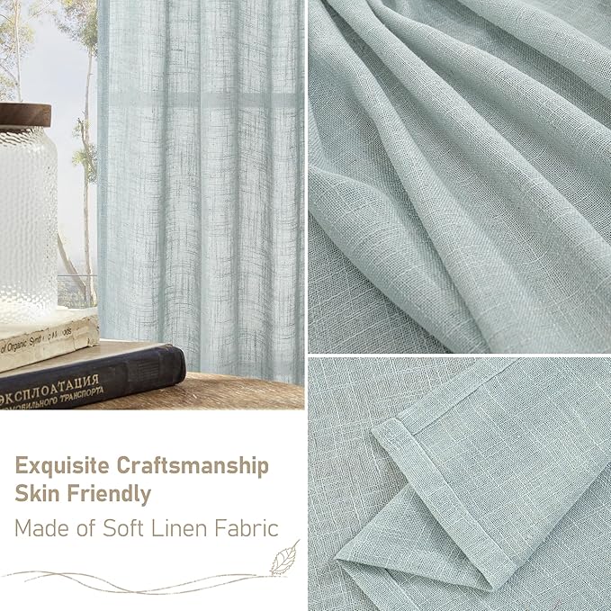 LAMIT Short Linen Curtains 40 Inches Long for Small Window, Bronze Grommet Linen Drapes Light Filtering Sheer Window Curtains for Kitchen, Set of 2 Panels (34 x 40 Inch, Greyish Blue)