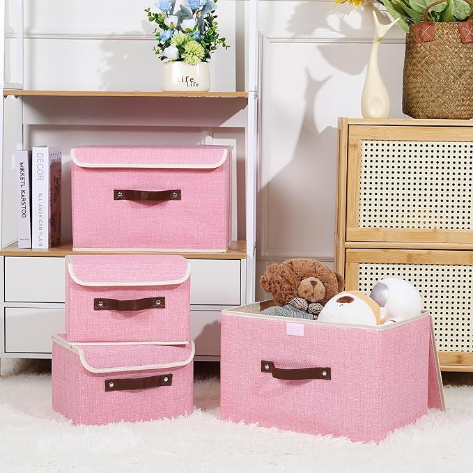 ANMINY 2PCS Storage Bins with Lid PU Leather Handles Storage Boxes PP Plastic Board Decorative Foldable Lidded Cotton Linen Fabric Home Cubes Baskets Closet Organizer Containers - Pink, Small Size