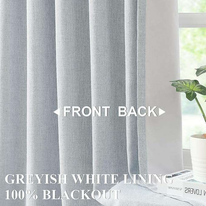 Vision Home Blue Fog Pinch Pleated Full Blackout Curtains Linen Blended Room Darkening Window Curtains 102 inch for Living Room Bedroom Thermal Insulated Pinch Pleat Drapes with Hooks 60" Wx102 Lx1