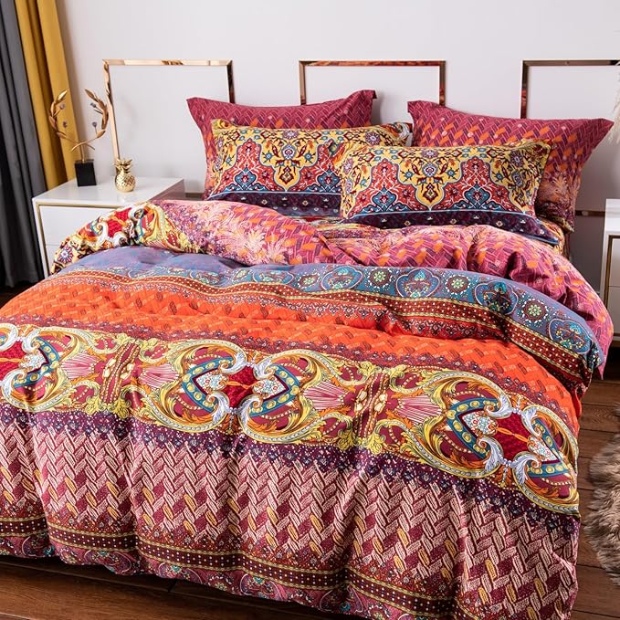 ABREEZE Bohemian Duvet Cover Set Colorful Orange Boho Retro Bedding Set Damask Paisley Cotton Duvet Cover Tribal Reversible Bedding Exotic Style Comforter Cover 3-Piece Cal.King