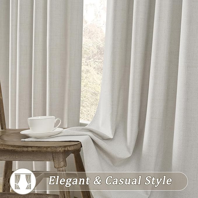 Full Blackout Curtains 96 Inch Length 2 Panels Set Neutral Boho Farmhouse Linen Window Drapes for Bedroom Living Room Thermal Insulated Natural Birch Ivory 8ft Long Pleated/Back Tab with Hooks