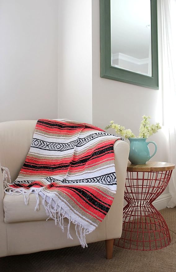 Del Mex Classic Mexican Blanket, Large Authentic Woven Falsa Throw (70"x50"), Artisan Southwest Décor for Beach, Yoga, Outdoors (Pink/Tan)