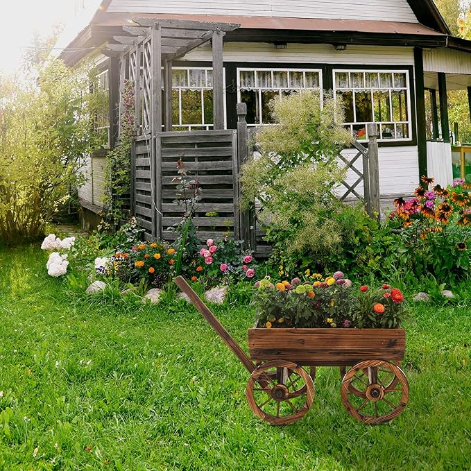 Garden Wooden Decor Rustic Flower Pot,Planters Wagon Indoor Outdoor Backyard Balcony Decor,for Outside Garden Decor Wheelbarrow Planter for Patio (Wooden Wagon)