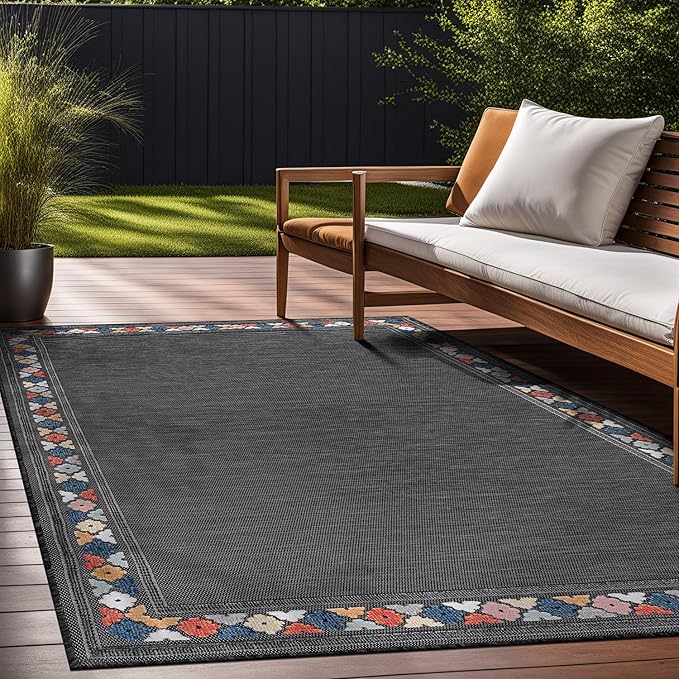 Beverly Rug Outdoor Rug 8x10 Modern Bordered Area Rugs for Indoor and Outdoor Patio Easy to Clean Non Shedding Living Room Porch Garden Washable Outside Carpet (8 x 10 Dark Gray)