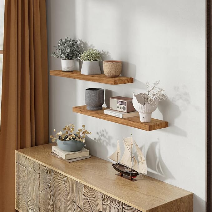 36 Inch Floating Shelves for Wall, Rustic Elm Wood Shelf for Home Decor, Heavy-Duty Wooden Floating Shelves for Kitchen, Wall Mounted Storage Shelves for Bathtoom, Living Room, Natural Color, Set of 2