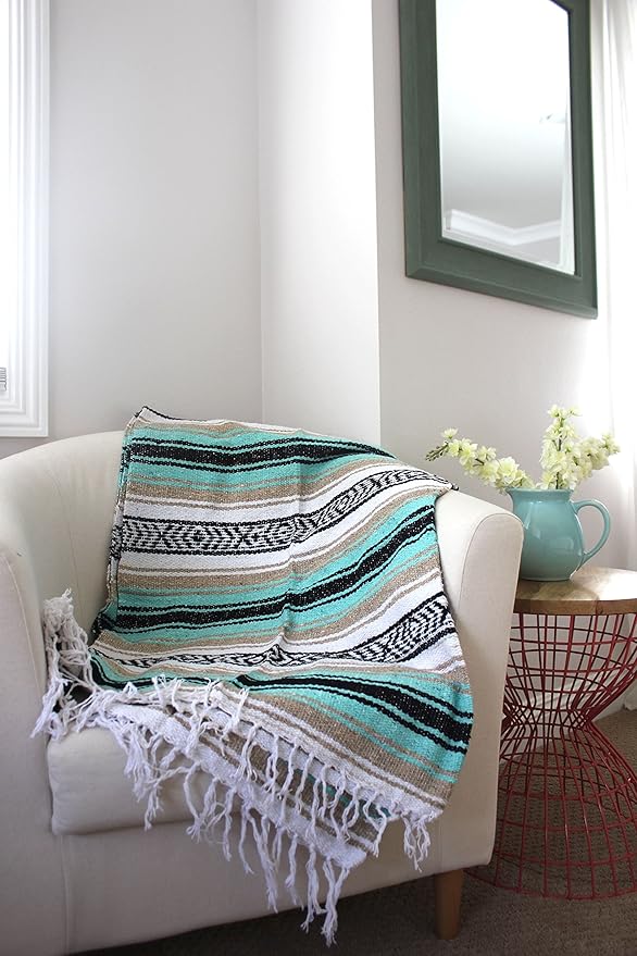 Del Mex Classic Mexican Blanket, Large Authentic Woven Falsa Throw (70"x50"), Artisan Southwest Décor for Beach, Yoga, Outdoors (Mint/Tan)
