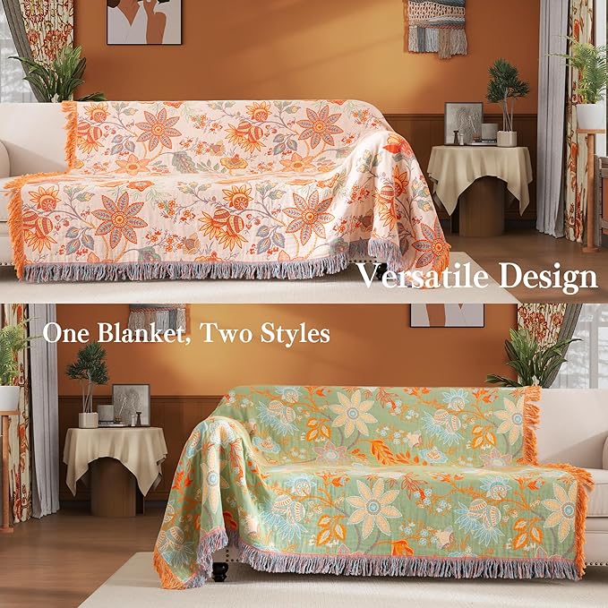 Boho Throw Blanket Full Size, Soft Cozy Cotton Muslin Quilt Blanket for Bed Decor, Floral Patterned Couch Sofa Chair Cover, Vintage Farmhouse Cottage Tapestry Woven Blanket, Coral&Green