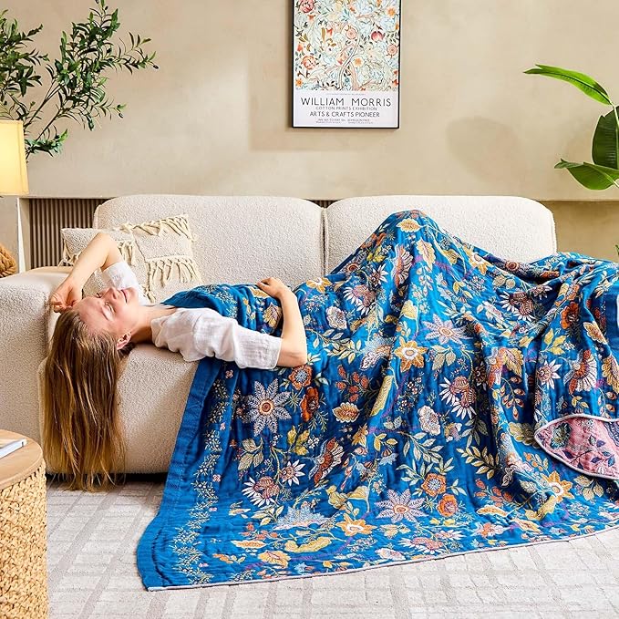 Fall Throw Blanket for Couch, Blue Boho Decorative Throw Blanket, 100% Cotton Muslin Breathable Woven Farmhouse Blankets Quilt, 80"x90" Reversible Lightweight Blankets Bohemian Throw Quilt