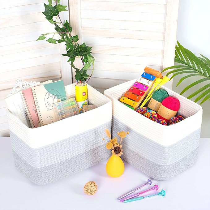 MINTWOOD Design 3-Pack Storage Baskets for Shelves, Playroom and Classroom, Book Basket, Decorative Storage Cube Bins, Woven Closet Organizers, Pantry and Shoe Organizer, 3-Tone Grey