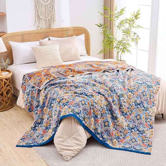Boho Throw Blanket for Bed, 100% Cotton Soft Rustic Quilt Fall Blanket, 50"x60" Floral Printed Farmhouse Decor Bed Blankets, All Season Rustic Reversible Bohemian Throw Quilt