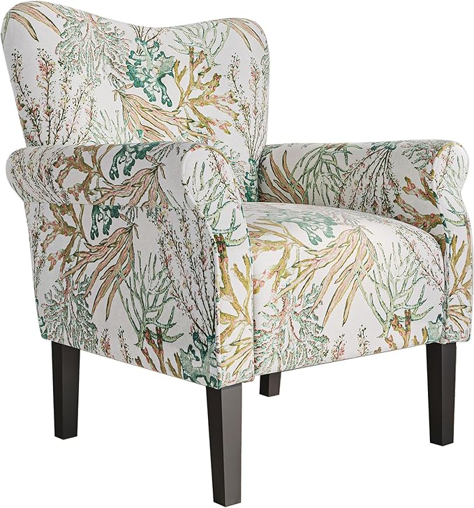 BELLEZE Modern Accent Chair for Living Room, High Back Linen Armchair with Wooden Legs, Upholstered Wingback Side Chair Padded Armrest Single Sofa for Living Room, Bedroom - Allston (Green Coral)