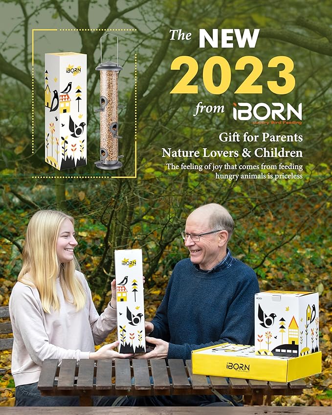 iBorn Metal Bird Feeder Hanging Wild Bird Seed Feeder for Mix Seed Blends Heavy Duty All Metal Silver Finish,14 Inch 6 Port(Seed is not Included)