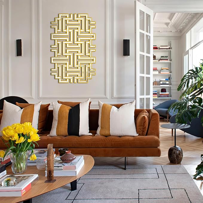 KOHROS Large Modern Gold Wall Mirror - 46.5"x30" Geometric Maze Design Decorative Mirror for Home Decor Living Room Entryway Hallway Farmhouse, Mirrors for Wall Decor