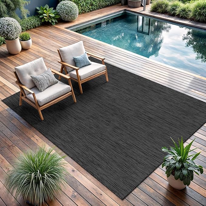 CAMILSON Outdoor Rug 8x10 Modern Area Rugs for Indoor and Outdoor Patios and Porches - Waterproof, Washable, Non-Shedding, Easy-to-Clean Outside Carpet (8 x 10, Solid - Dark Gray)