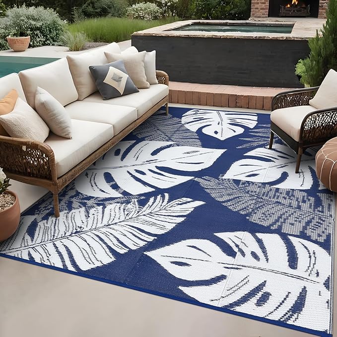 GAOMON Waterproof Plastic Straw Rug 9x12 Outdoor Patio Rugs, Reversible Modern Camping Mat with Bag & Stakes, UV Resistant & Easy to Clean Outdoor Carpet for RV, Deck, Balcony, Blue