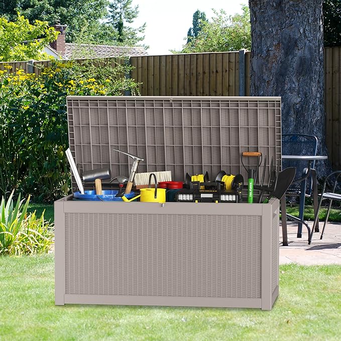 260 Gallon Deck Box XXL Large Outdoor Storage for Patio Furniture,Outdoor Cushions,Garden Tools and Pool Supplies,Waterproof,Resin,Lockable(Grey Rattan)