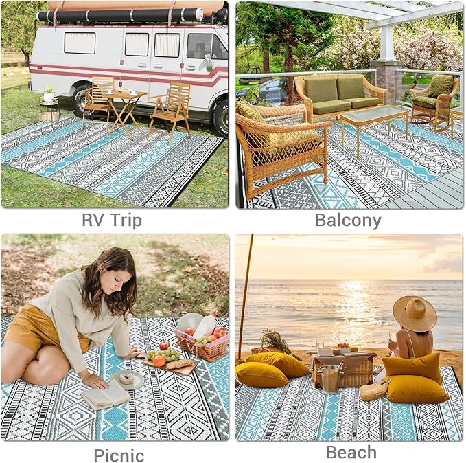GAOMON Outdoor Rug 9'x12' Waterproof Rug for Patio Decor, Foldable Reversible Plastic Straw Area Rugs Mat for Camper, Outside Carpet for Deck, Porch, Picnic, Beach, Blue/Grey(Bohemia)