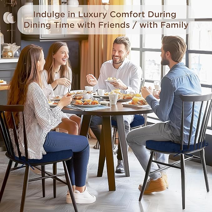 Codi 6 Pack Dining Chair Cushions, Thick Chairs Pads for Indoor Kitchen Room - Washable, Non-Slip Seat Cushion with Ties, 16.5"x16.5"x 3.5", Set of 6, Navy