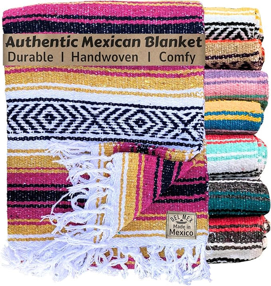 Del Mex Classic Mexican Blanket, Large Authentic Woven Falsa Throw (70"x50"), Artisan Southwest Décor for Beach, Yoga, Outdoors (Gold/Fuchsia)