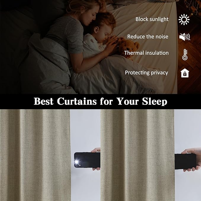 RAIN CITY Light Taupe Blackout Linen Blend Curtains 2 Panels,70 Wide Back Tab Pinch Pleated Look Window Drapes with Hooks,Track System Curtain Panels for Sliding Door Modern Farmhouse 70x90 Inch