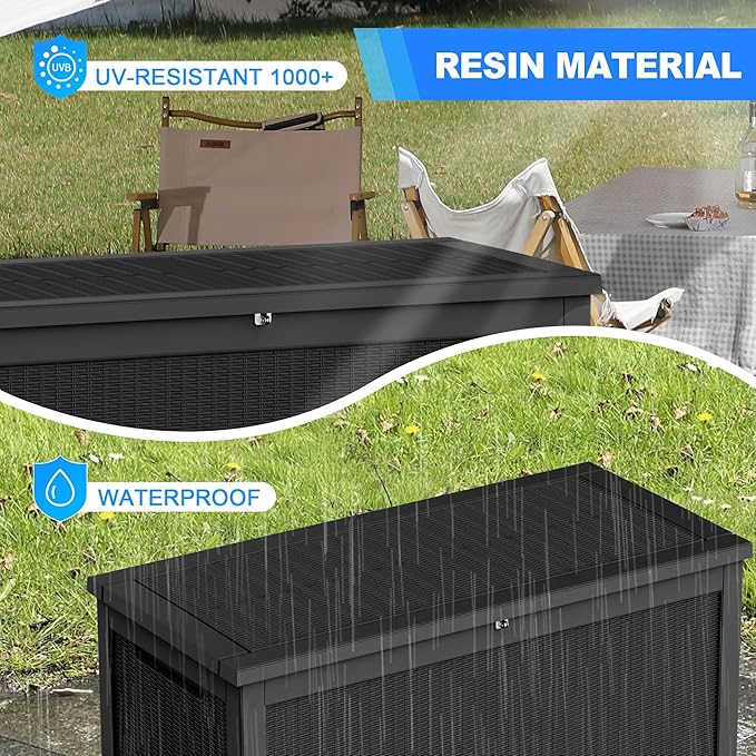260 Gallon Deck Box XXL Large Outdoor Storage for Patio Furniture,Outdoor Cushions,Garden Tools and Pool Supplies,Waterproof,Resin,Lockable(Black Rattan)