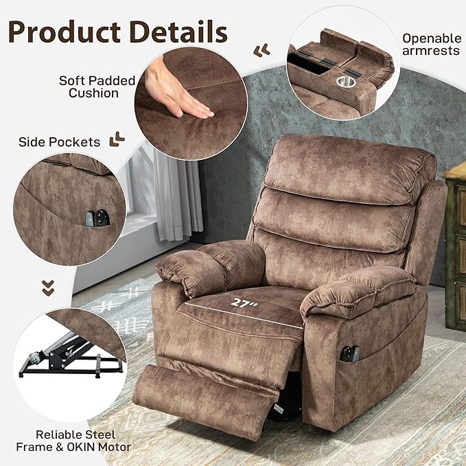 27in Extra Wide Power Lift Recliner Chair for Big Tall with Extended Footrest Heat Massage, Oversized Electric Lift Recliner Chairs for Adults Elderly Seniors, Arm Storage & Cup Holders