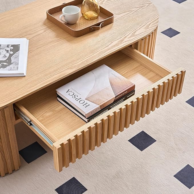 51.18'' Oval Coffee Table for Living Room Fluted Center Table with Drawer, Mid Century Modern Coffee Tables, Easy Assembly for Office Storage Tea Table Oak