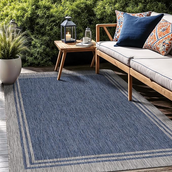 Bordered Outdoor Rug 6x9 Washable Outside Carpet for Indoor Patio Porch Waterproof Easy Cleaning Non Shedding Area Rugs Navy 6 x 9