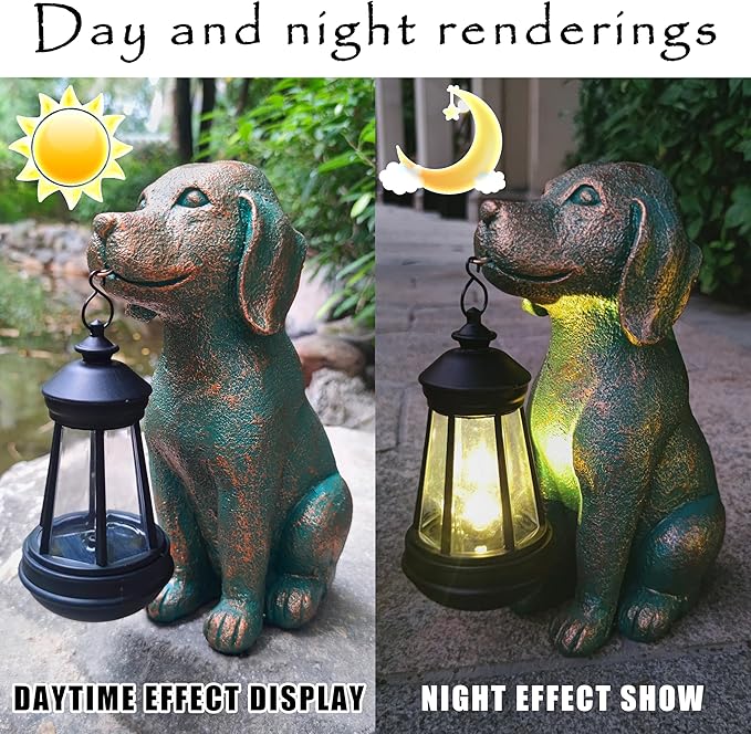 Dog Garden Statues with Solar Lantern Outdoor Decor-Dog Solar Figurines Lights Decorations for Patio Yard Lawn Ornaments-Gifts for Birthday Easter Housewarming