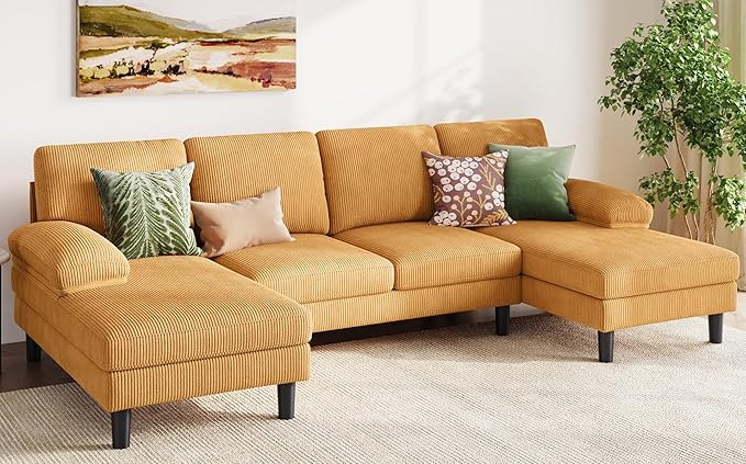 LINSY HOME Sectional Couch, 111'' W Corduroy U Shaped Sofa with Sleepable Armrests, 4 Seat Couch with Double Chaises, Deep Seat Sofa for Living Room, Yellow