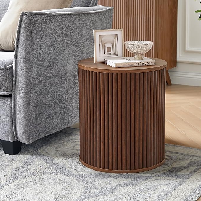 AVZEAR Small Round Side Table Fluted Night Stand Set of 2, Mid Century Modern End Table with Storage, Circle Bedside Tables Wood Nightstands for Small Spaces, Living Room, Bedroom (Walnut)