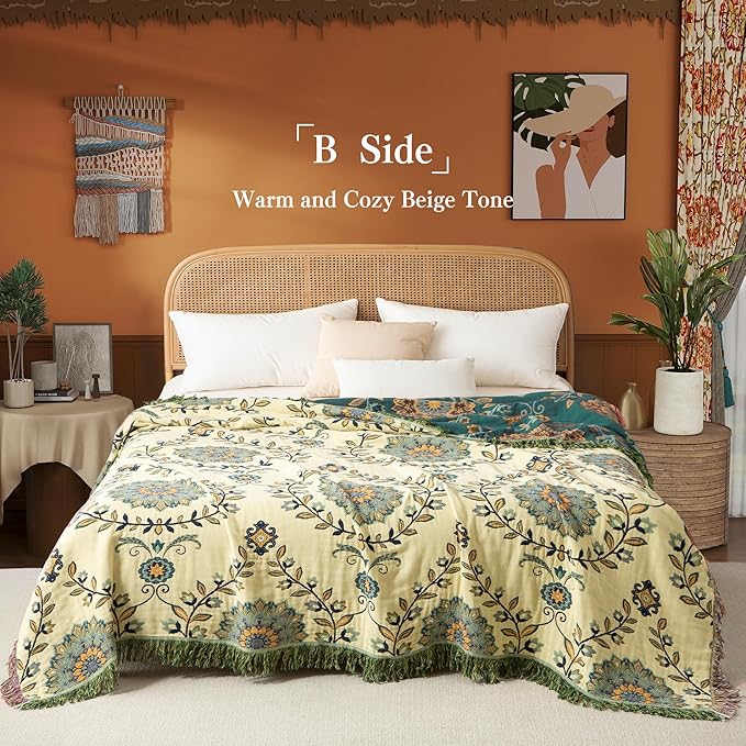 Boho Throw Blanket Twin Size, Soft Cozy Cotton Muslin Quilt Blanket for Bed Decor, Floral Patterned Couch Sofa Chair Cover, Vintage Farmhouse Cottage Tapestry Woven Blanket, Green&Beige